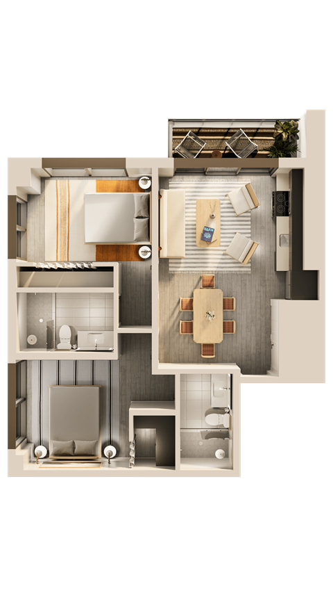 Floor plan for 2 beds, 2 baths, 832 sqft